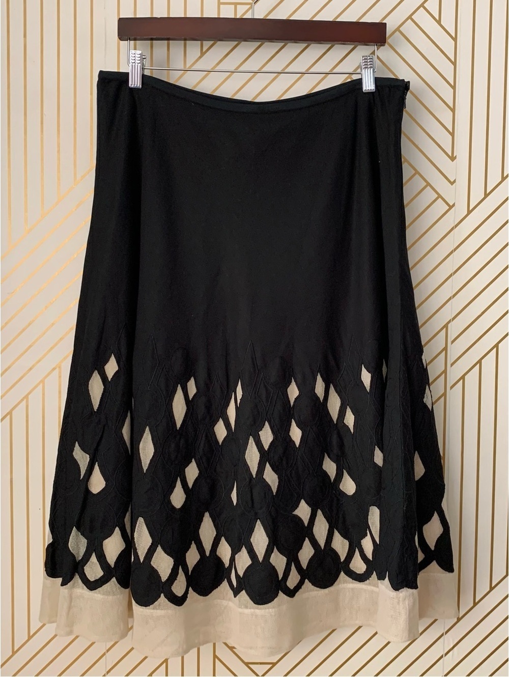 NIC+ZOE Black Linen Blend Flirt Skirt Weave Diamond art deco A line midi Skirt